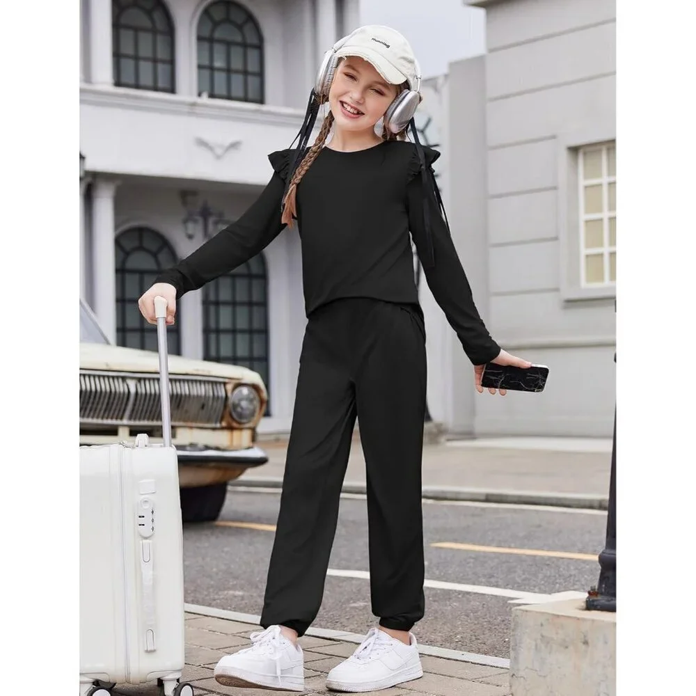 Girls 2 Piece Outfits Long Sleeve Ruffled Tops and Pants with Pockets Clothing S